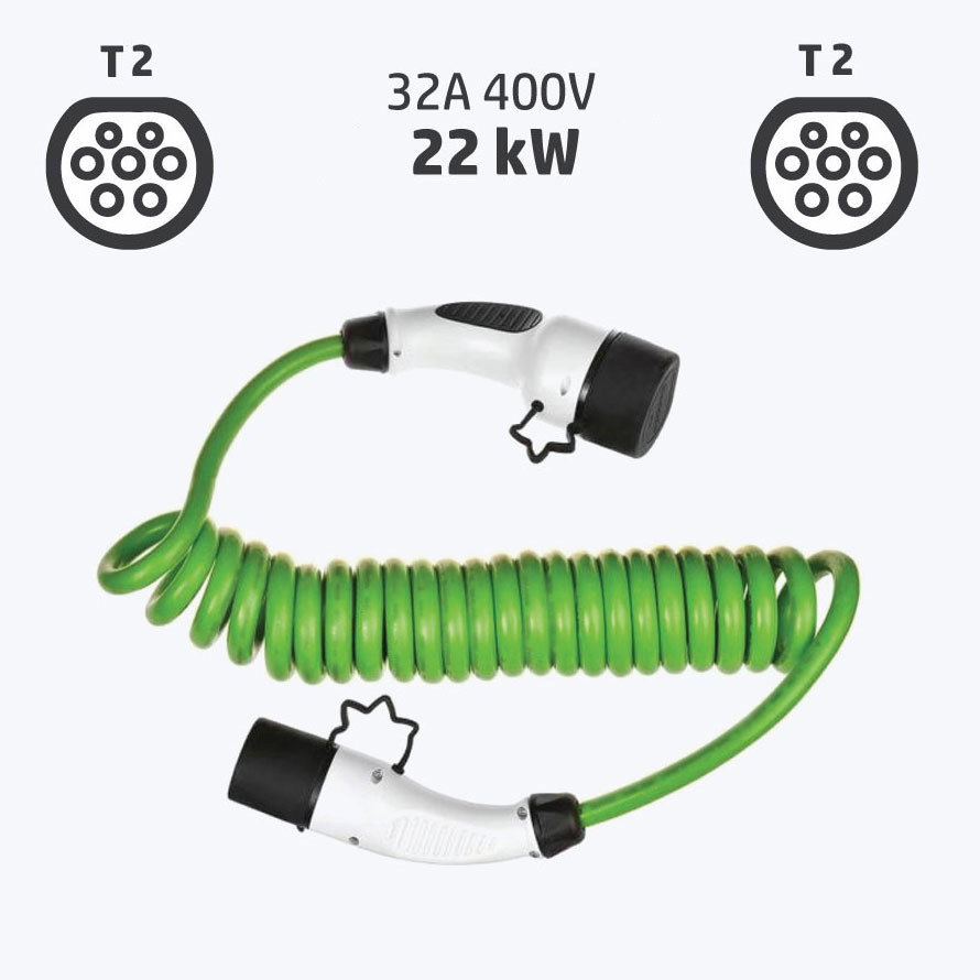 Electric Car Charging Cable - Type 2 Vehicle Side, Type 2 Station Side,  400V, 32A - Spiral - e-Station Store